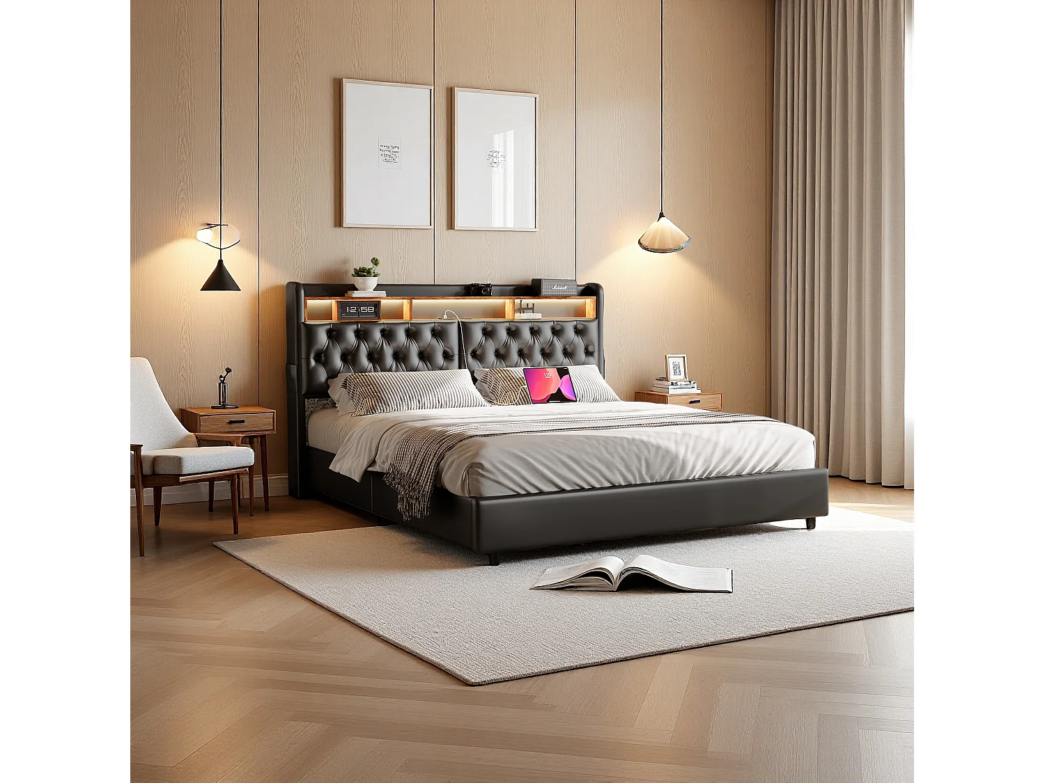 Tweepersoonsbed 180x200 cm in zwart PU met jackbox, LED-hoofdbord, praktische opbergruimte en geïntegreerde EU-USB-poorten