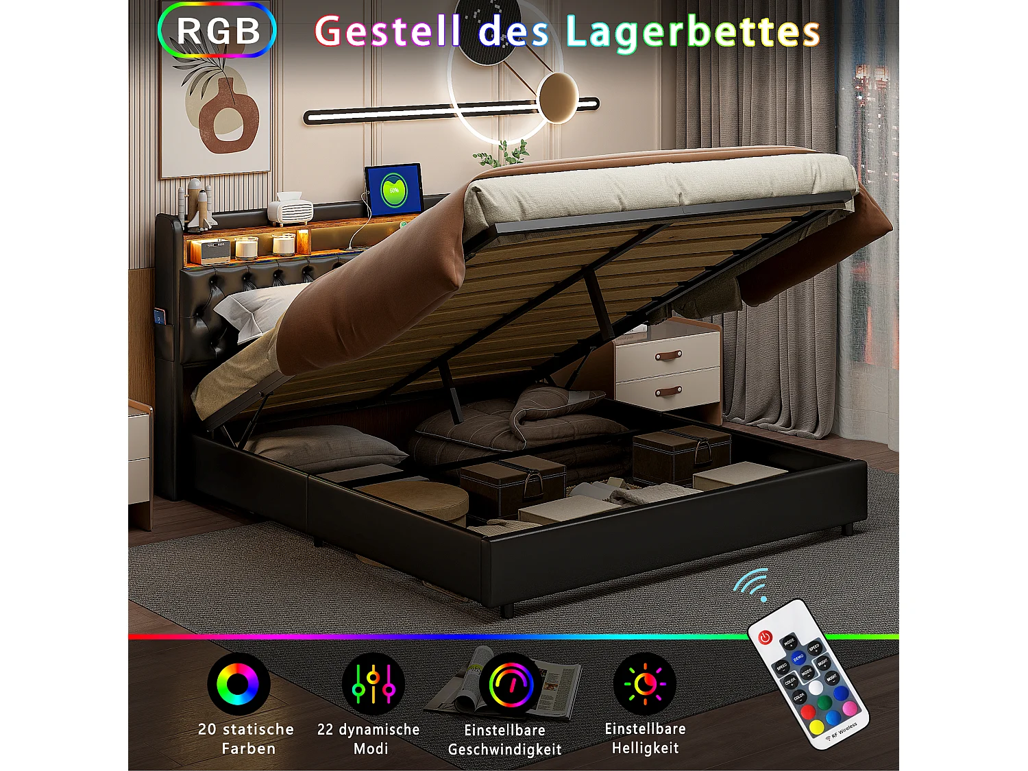 Tweepersoonsbed 180x200 cm in zwart PU met jackbox, LED-hoofdbord, praktische opbergruimte en geïntegreerde EU-USB-poorten