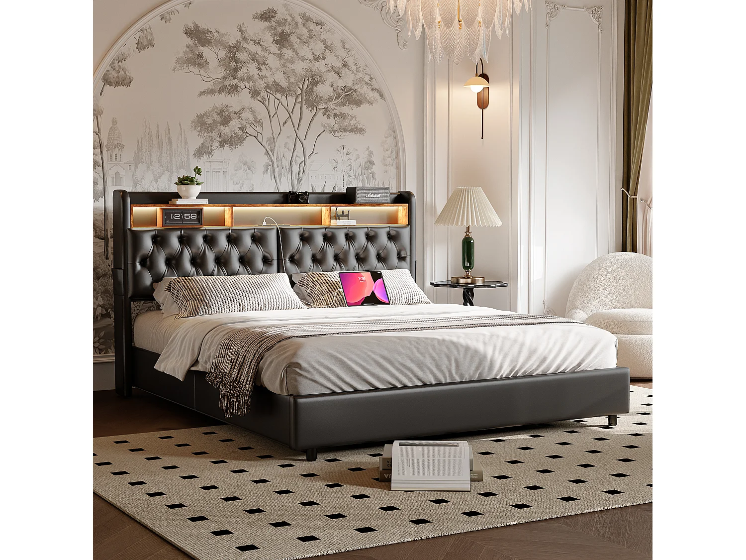 Tweepersoonsbed 180x200 cm in zwart PU met jackbox, LED-hoofdbord, praktische opbergruimte en geïntegreerde EU-USB-poorten