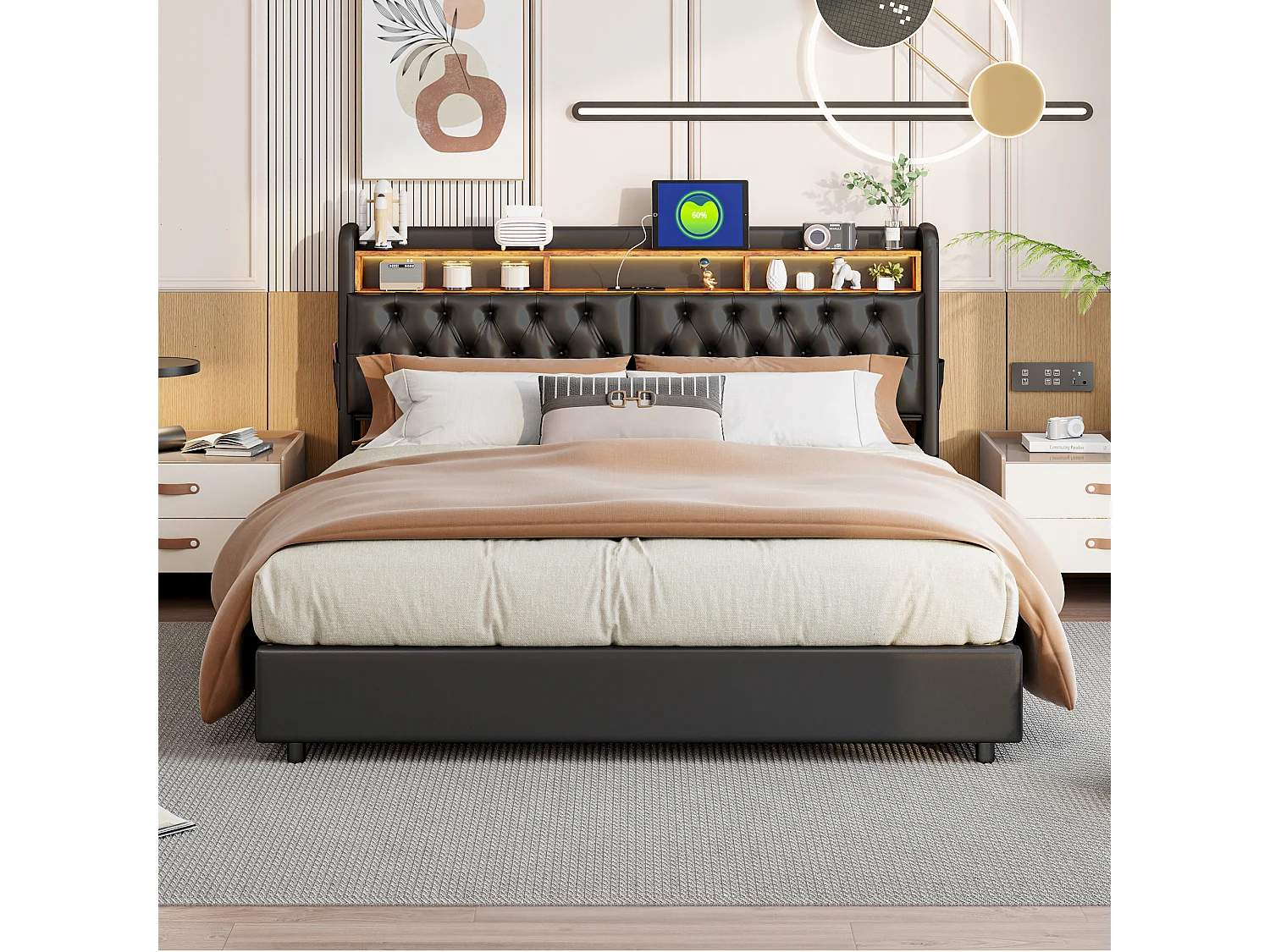 Tweepersoonsbed 180x200 cm in zwart PU met jackbox, LED-hoofdbord, praktische opbergruimte en geïntegreerde EU-USB-poorten