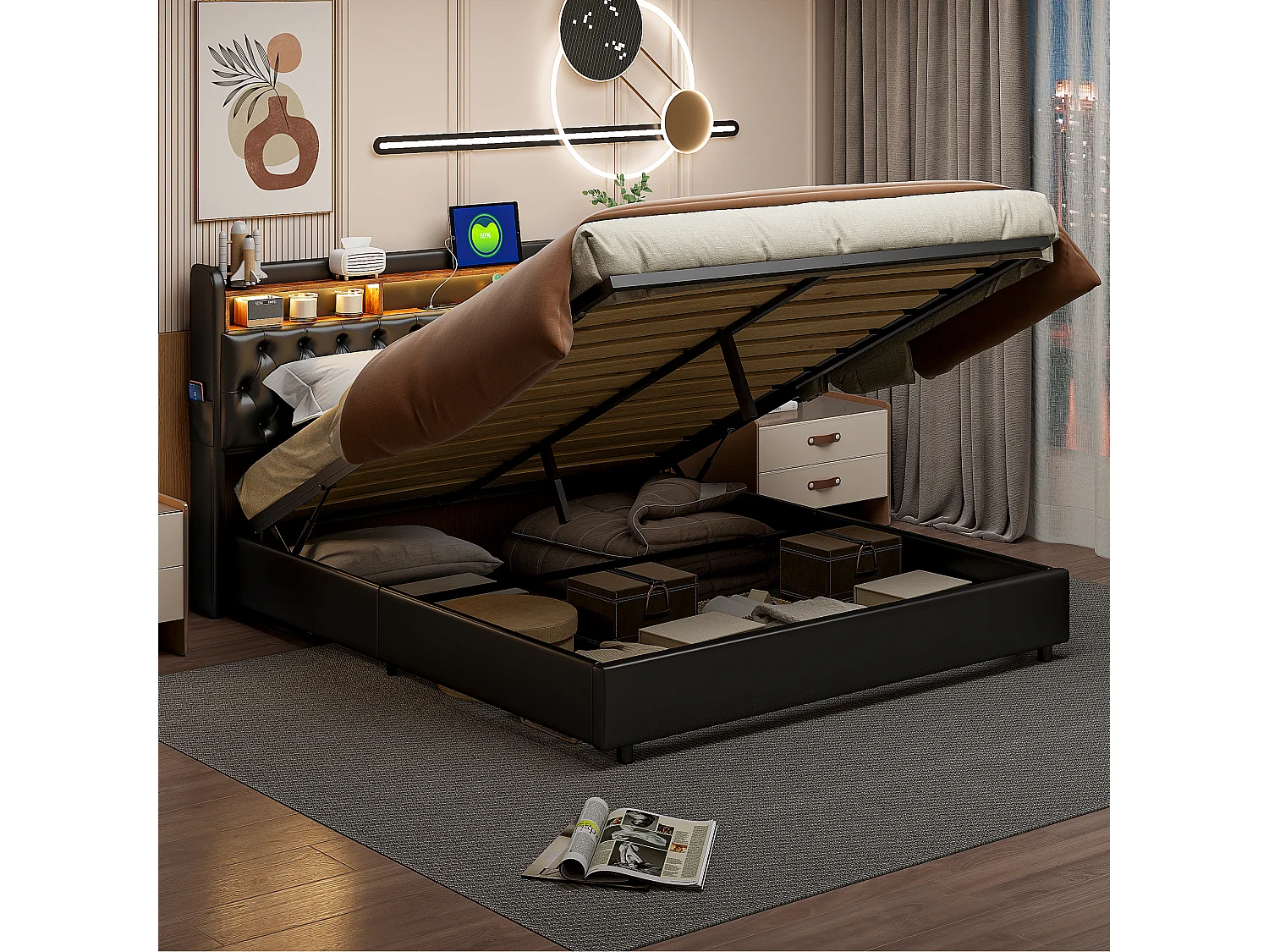 Tweepersoonsbed 180x200 cm in zwart PU met jackbox, LED-hoofdbord, praktische opbergruimte en geïntegreerde EU-USB-poorten