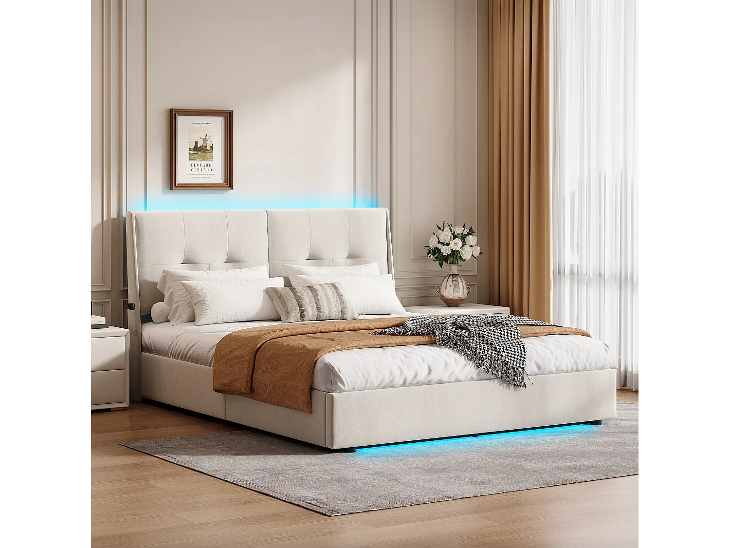 Lit double moderne 160 x 200 cm avec tête de lit rembourrée, éclairage LED intégré, espace de rangement sous sommier, design minimaliste, beige