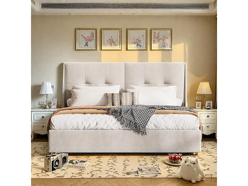Modern tweepersoonsbed 160 x 200 cm met gestoffeerd hoofdbord, geïntegreerde ledverlichting, opbergruimte onder de bedbodem, minimalistisch design, beige