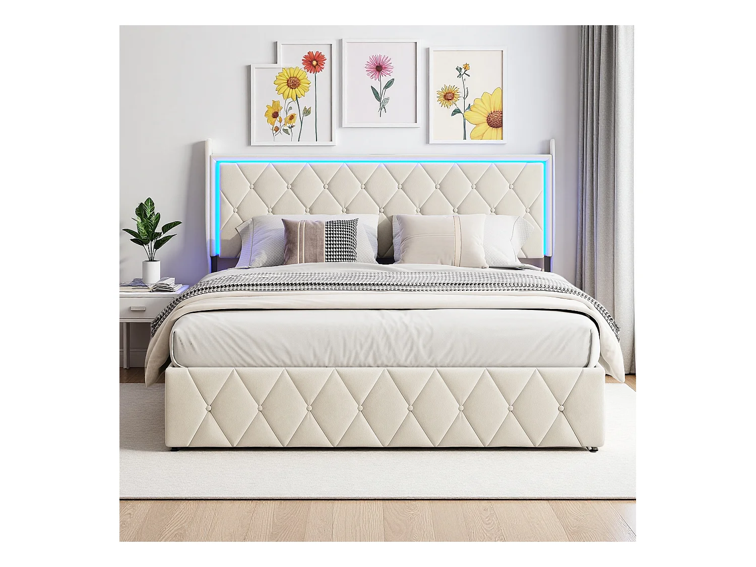 Cama de arrumação 160x200 cm em veludo bege com iluminação LED integrada e portas de carregamento – Design moderno e funcional
