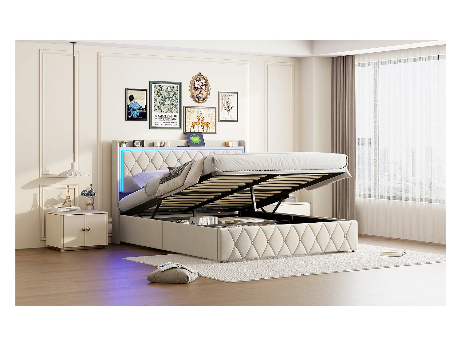 Cama de arrumação 160x200 cm em veludo bege com iluminação LED integrada e portas de carregamento – Design moderno e funcional