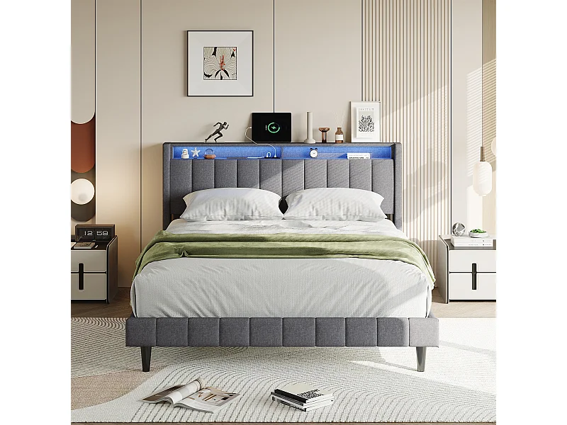 Opbergbed 140x200 cm in grijs linnen met LED-hoofdbord, geïntegreerde USB- en Type-C-aansluitingen en veel opbergruimte