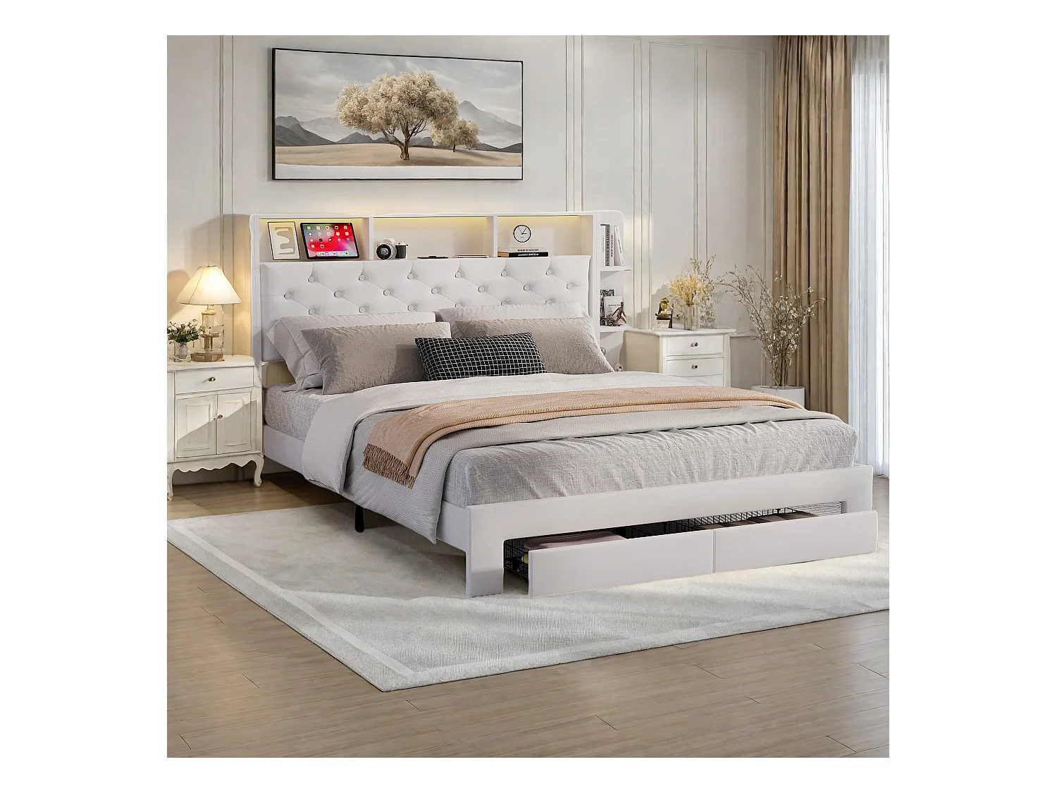 Cama de matrimonio 160x200 cm tapizada en terciopelo blanco con cajones de almacenaje, LED orientable y puerto USB integrado