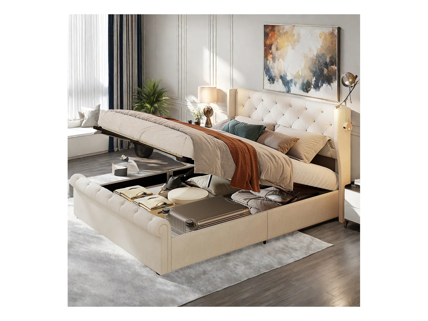 Opbergbed 160x200 cm in beige fluweel met hydraulische opbergruimte, geïntegreerde bedlampjes met USB-poorten en Europese oplader