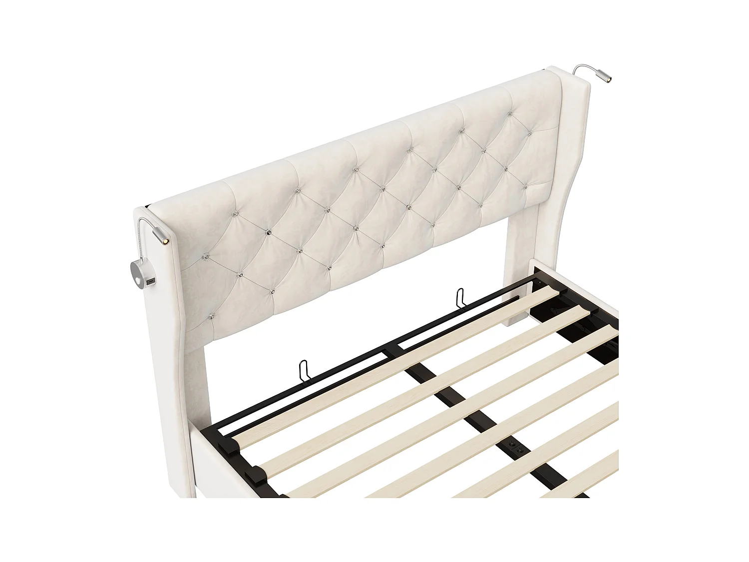 Opbergbed 160x200 cm in beige fluweel met hydraulische opbergruimte, geïntegreerde bedlampjes met USB-poorten en Europese oplader