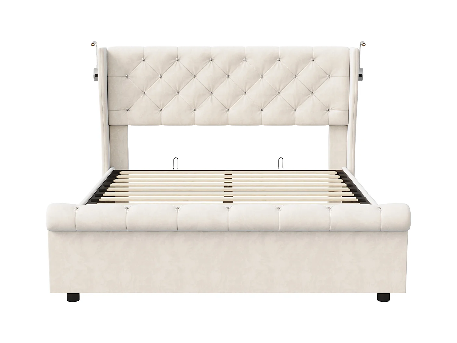 Opbergbed 160x200 cm in beige fluweel met hydraulische opbergruimte, geïntegreerde bedlampjes met USB-poorten en Europese oplader