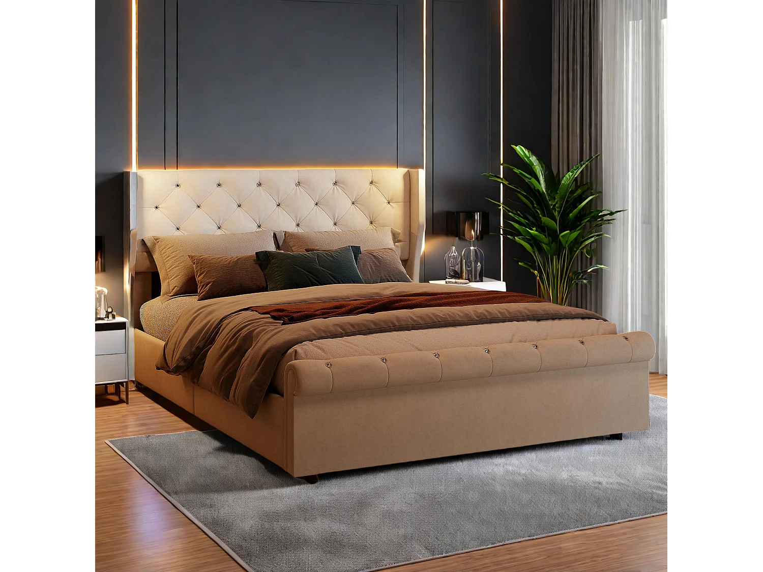 Lit coffre 160x200 cm en velours beige avec rangement hydraulique, lampes de chevet intégrées avec ports USB et chargeur européen