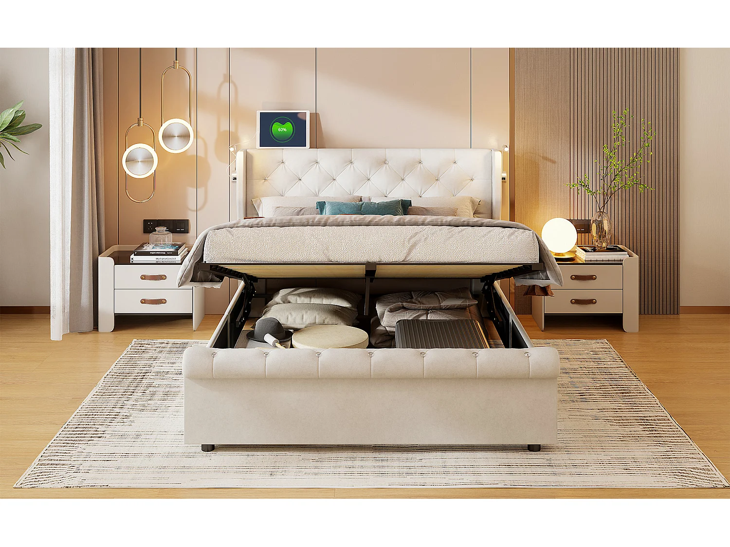 Lit coffre 160x200 cm en velours beige avec rangement hydraulique, lampes de chevet intégrées avec ports USB et chargeur européen