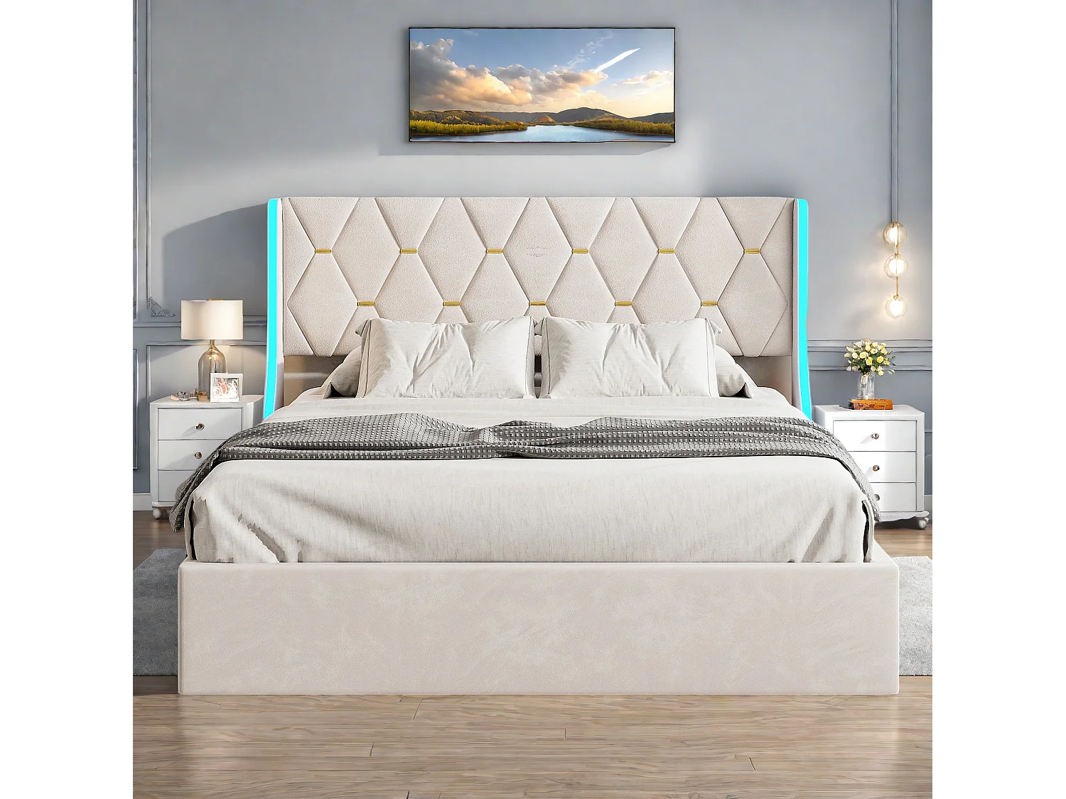 Lit Coffre beige 140x190 cm, Lit Double avec Rangement, Lits pour Adulte Coffre,avec LED Tete de lit Tissu Velours