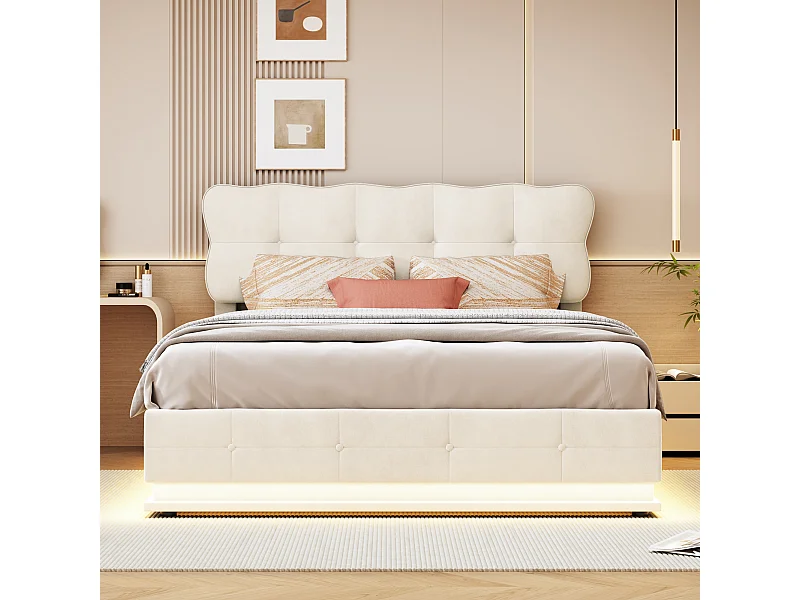 Letto contenitore con martinetto idraulico e LED, 140x190cm, velluto beige, testiera dal design moderno, illuminazione multicolore telecomandata