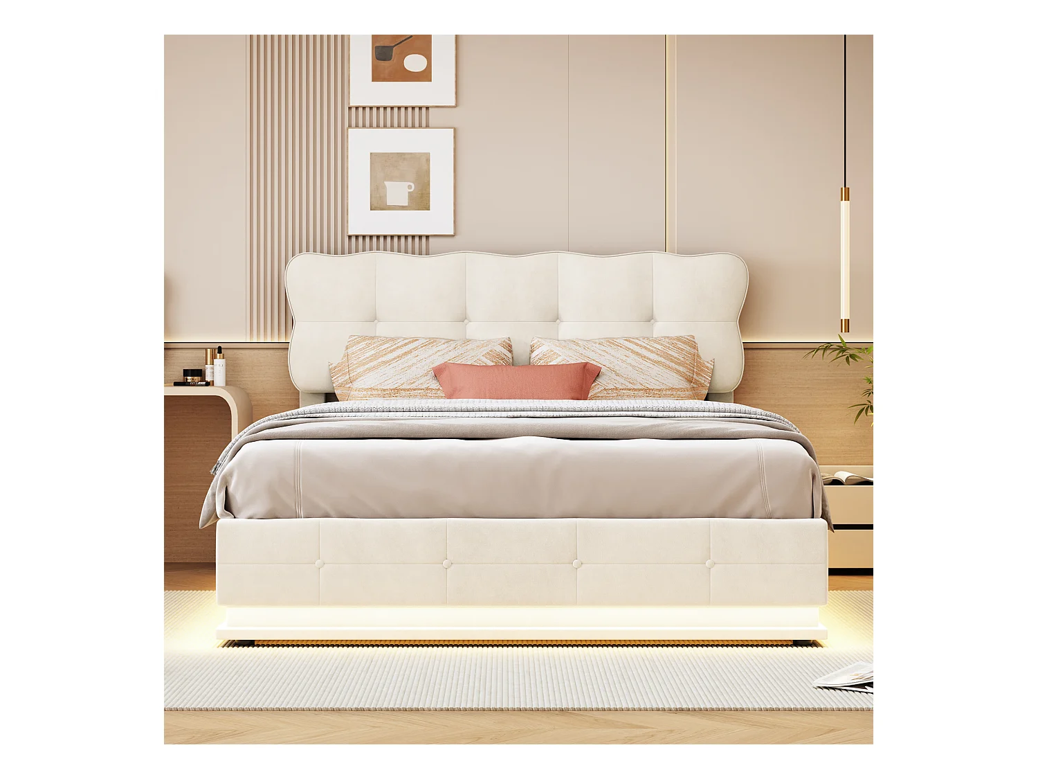 Letto contenitore con martinetto idraulico e LED, 140x190cm, velluto beige, testiera dal design moderno, illuminazione multicolore telecomandata
