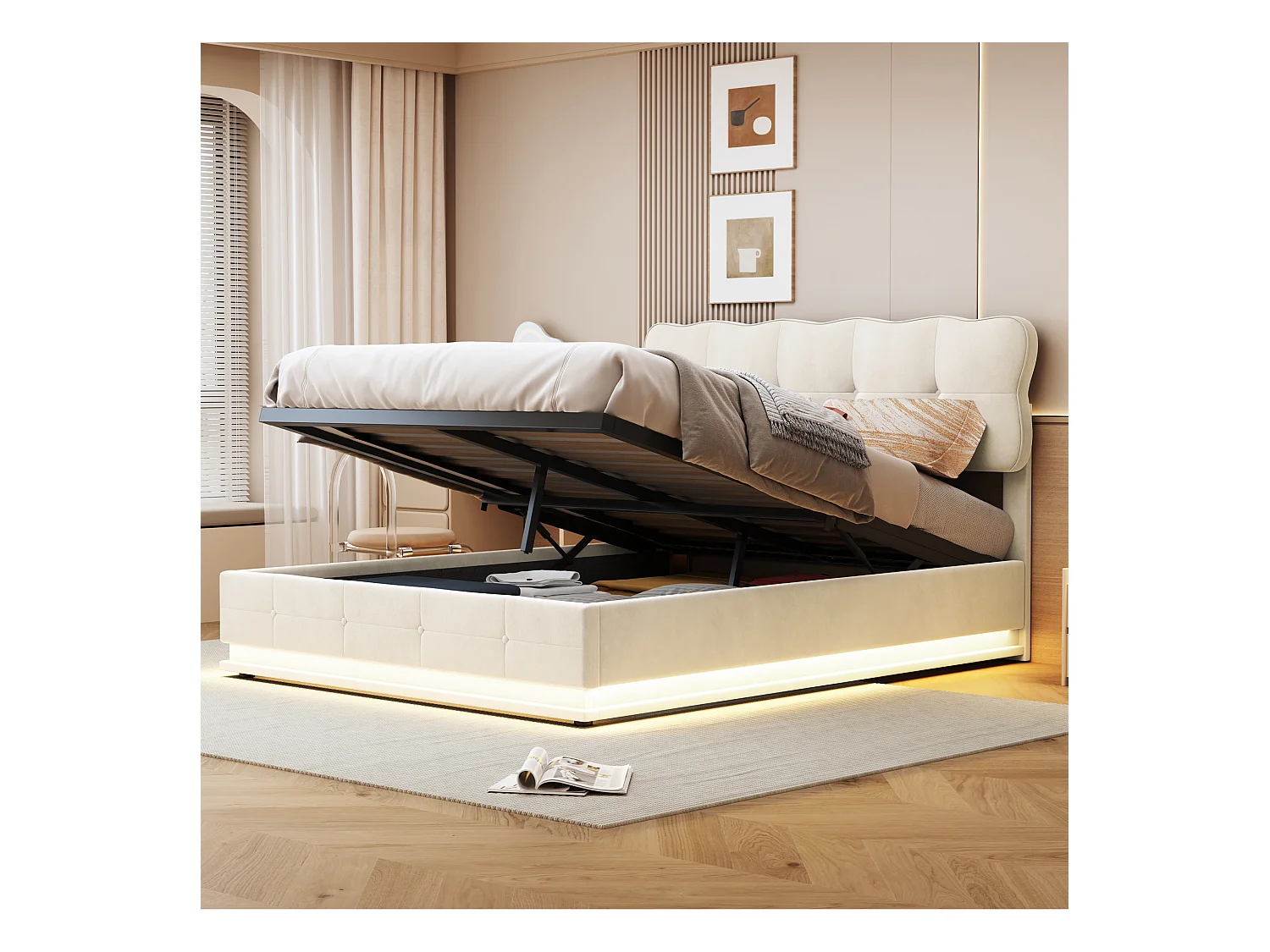 Letto contenitore con martinetto idraulico e LED, 140x190cm, velluto beige, testiera dal design moderno, illuminazione multicolore telecomandata