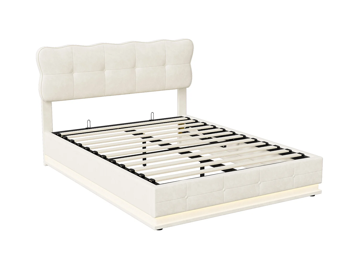 Letto contenitore con martinetto idraulico e LED, 140x190cm, velluto beige, testiera dal design moderno, illuminazione multicolore telecomandata