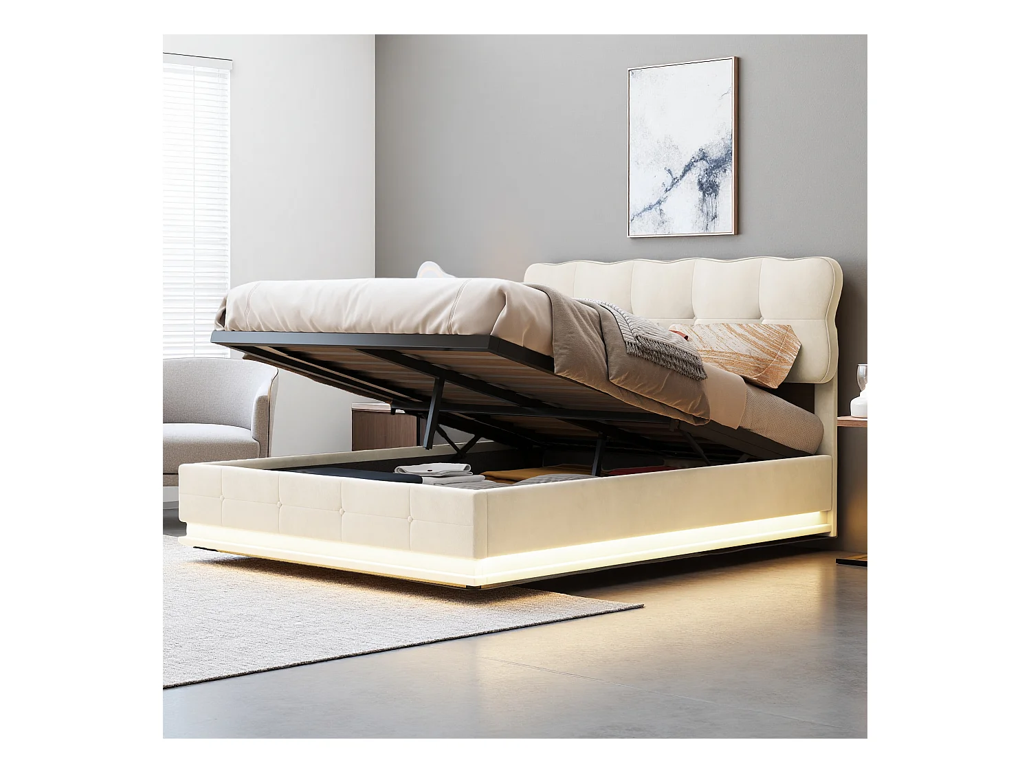 Letto contenitore con martinetto idraulico e LED, 140x190cm, velluto beige, testiera dal design moderno, illuminazione multicolore telecomandata