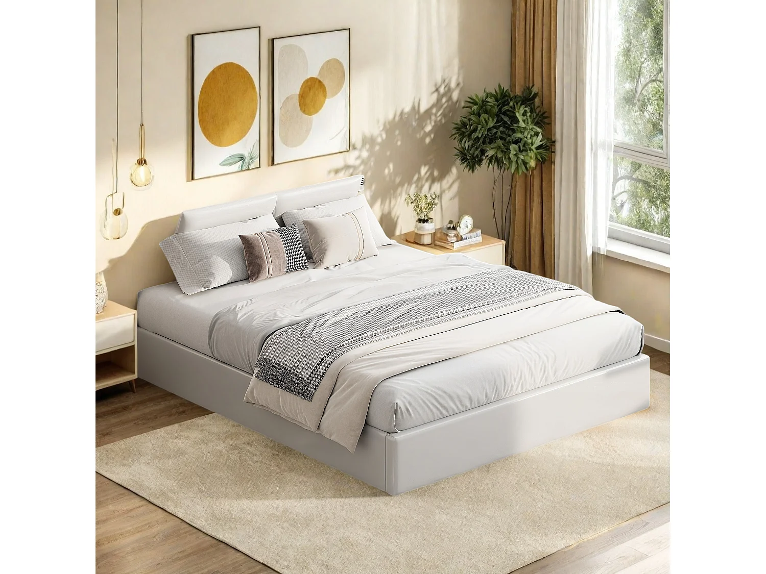 Letto matrimoniale 140x200 cm bianco con contenitore per la testiera e jack box, testiera LED, comandi APP, design moderno e pratico