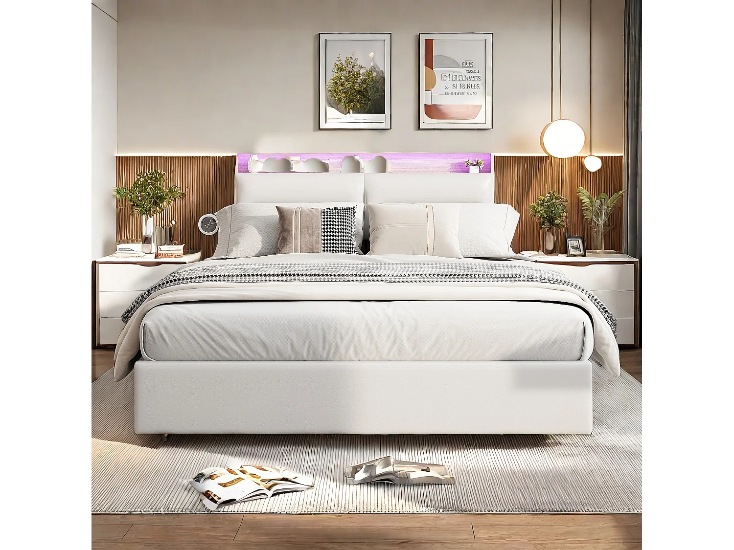 Letto matrimoniale 140x200 cm bianco con contenitore per la testiera e jack box, testiera LED, comandi APP, design moderno e pratico