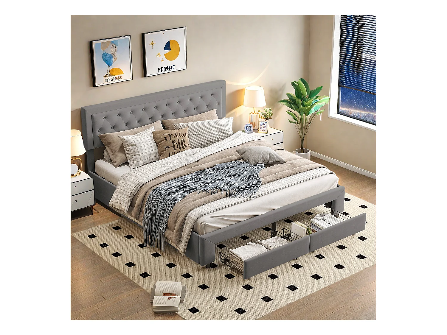 Lit coffre gris 180 x 200 cm, en velours, avec tête de lit rembourrée réglable en hauteur, lit coffre avec tiroirs et lattes en bois