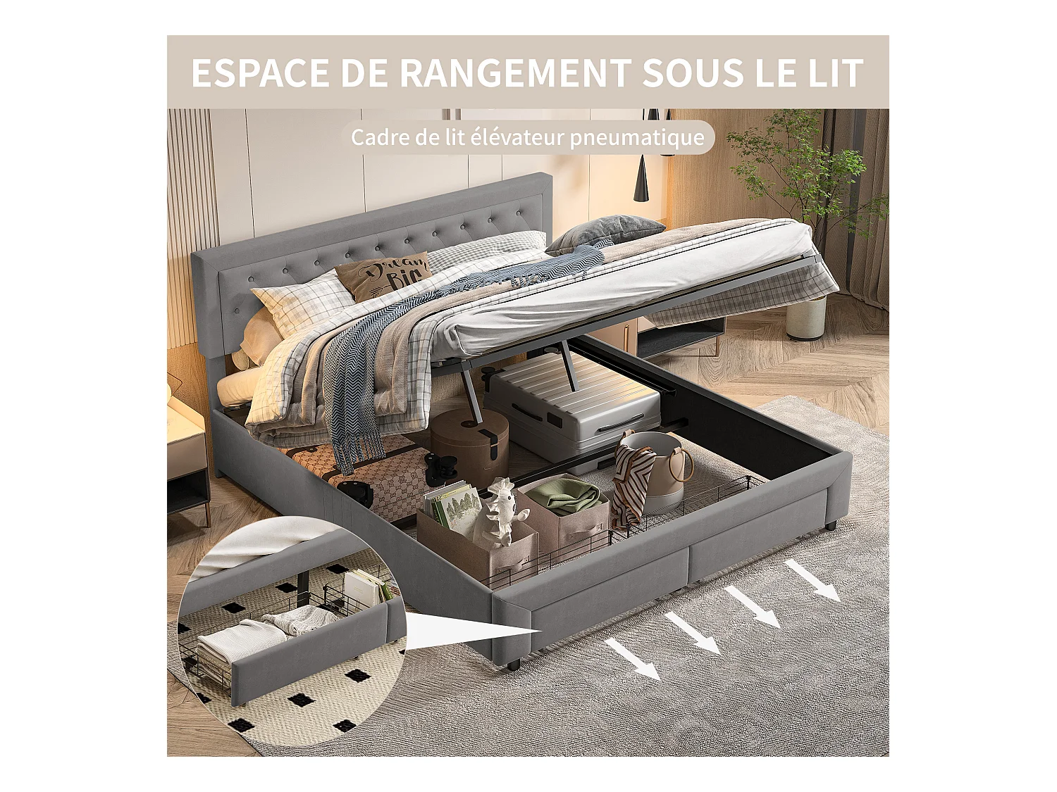 Lit coffre gris 180 x 200 cm, en velours, avec tête de lit rembourrée réglable en hauteur, lit coffre avec tiroirs et lattes en bois