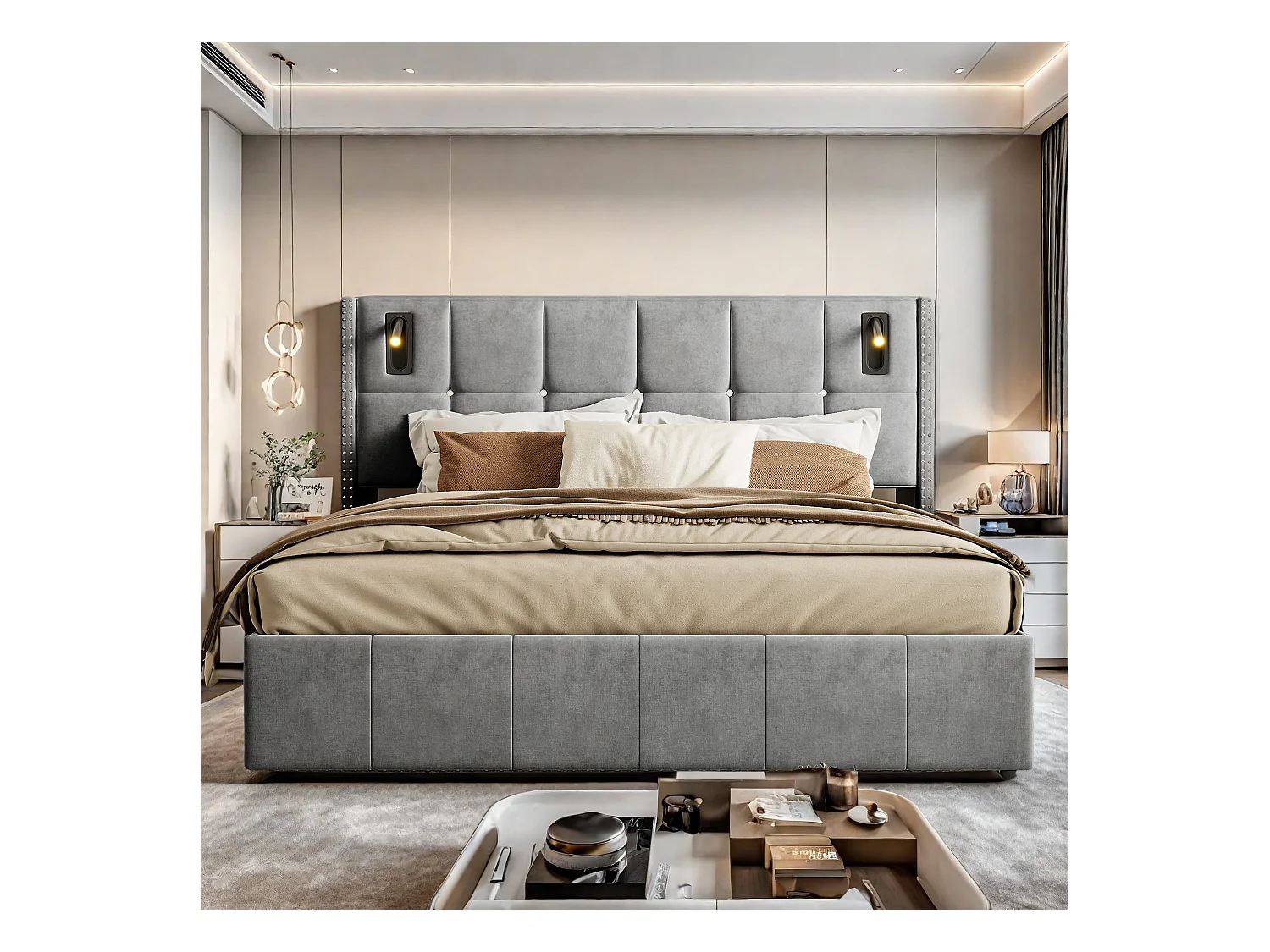 Letto matrimoniale 160x200cm in velluto grigio con box contenitore idraulico, testiera con borchie e lampade da lettura integrate