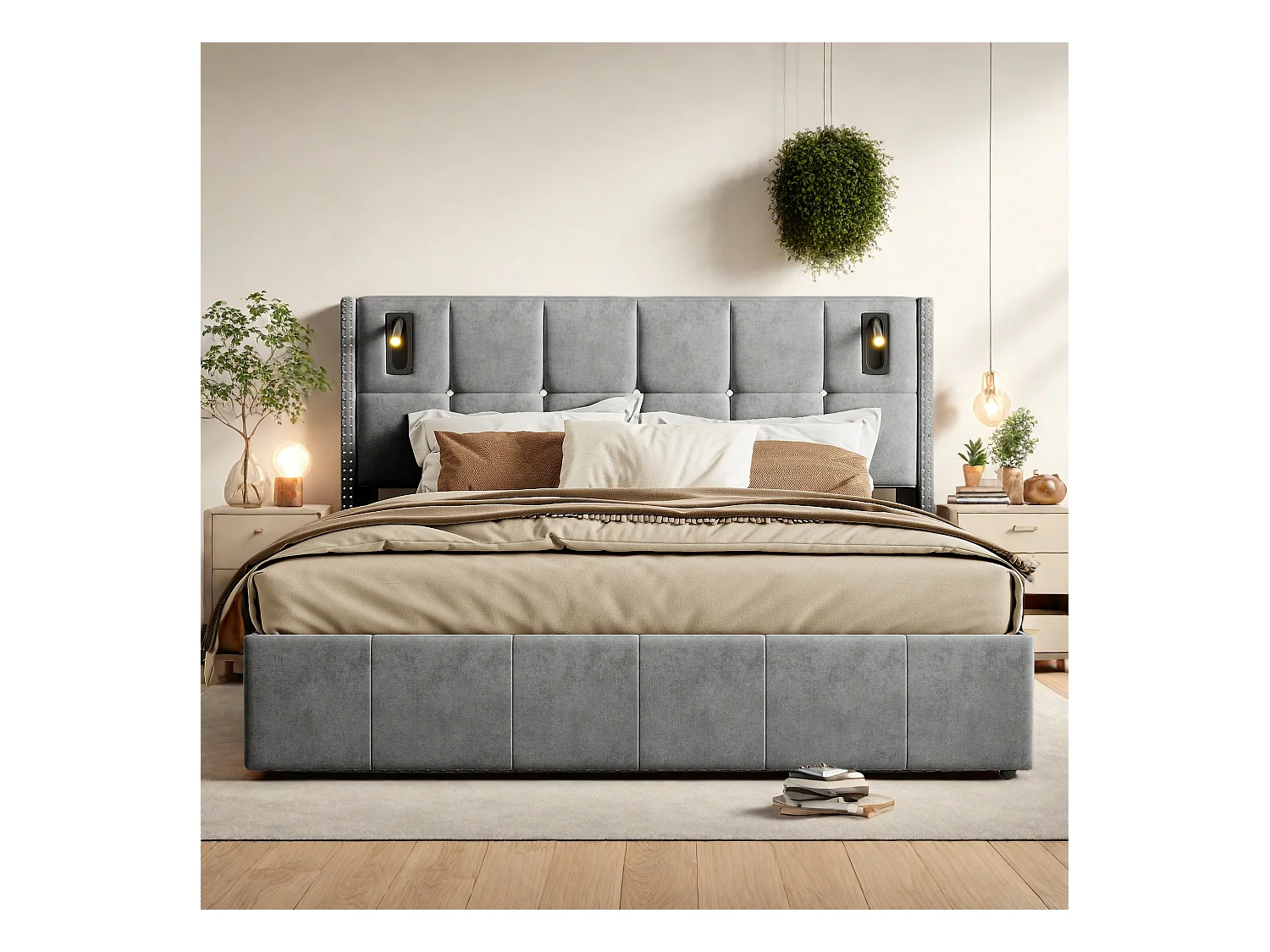 Letto matrimoniale 160x200cm in velluto grigio con box contenitore idraulico, testiera con borchie e lampade da lettura integrate