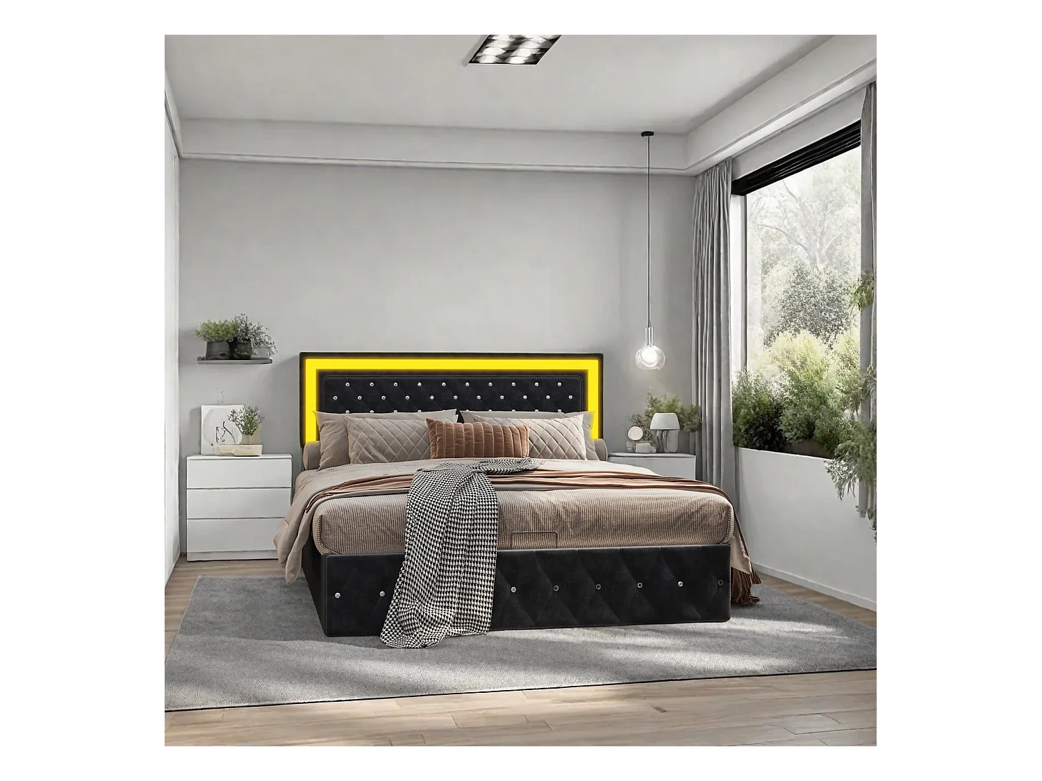 Lit élégant rembourré 180x200 avec grande tête de lit relevable, lit en velours avec LED, système de rangement hydraulique, lit noir classique