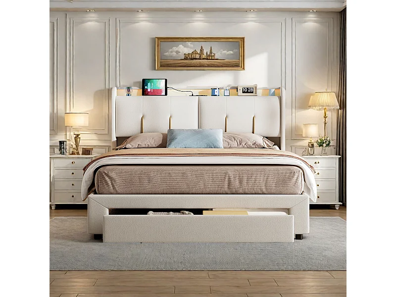Cama de casal 160x200 cm com caixa de arrumação hidráulica, cabeceira em veludo bege com LED ajustável, portas USB e tomadas EU integradas