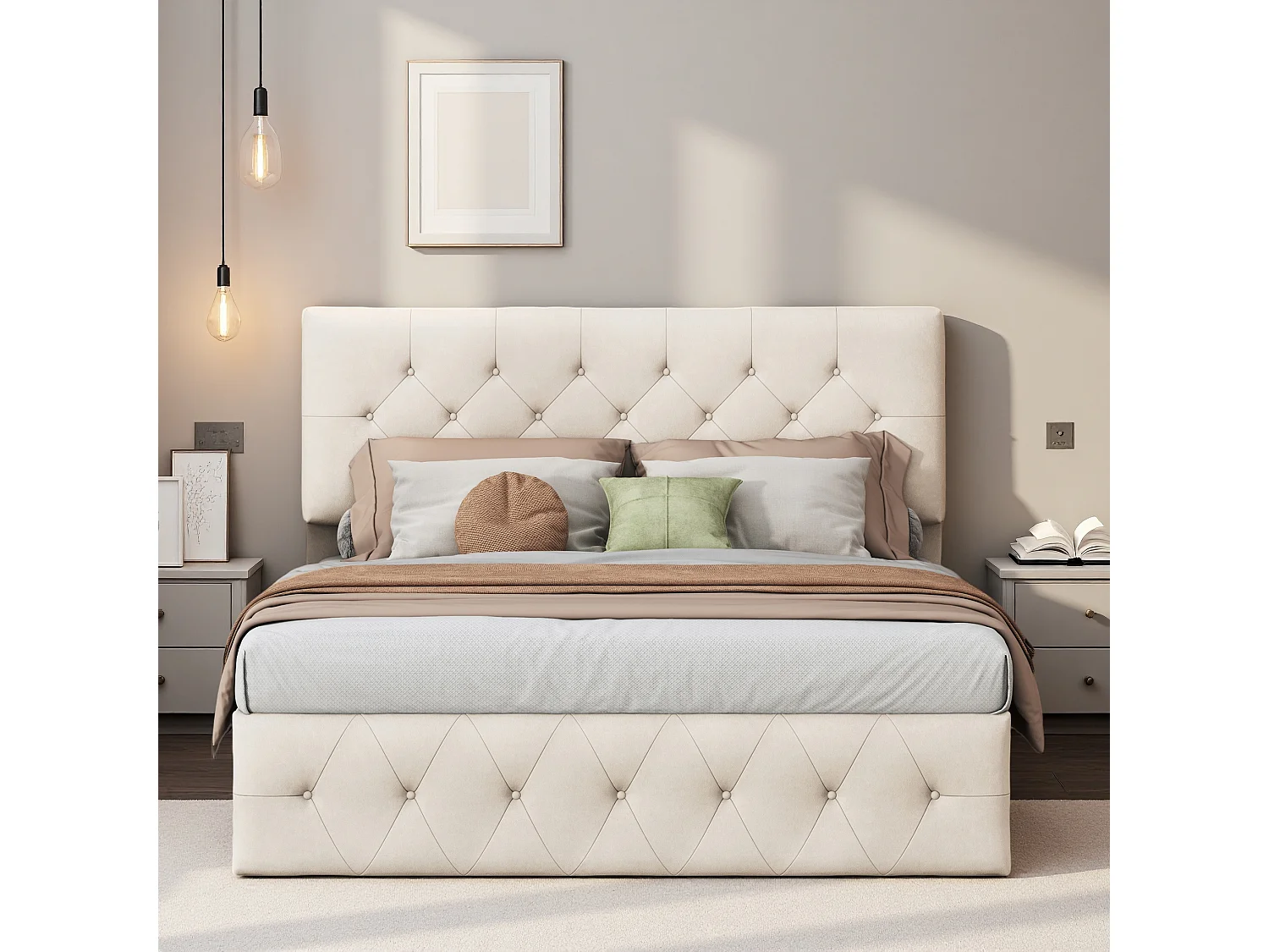 Cama de matrimonio 160x200 cm en terciopelo beige albaricoque con canapé abatible, cabecero y piecero tapizados, diseño cómodo y elegante.