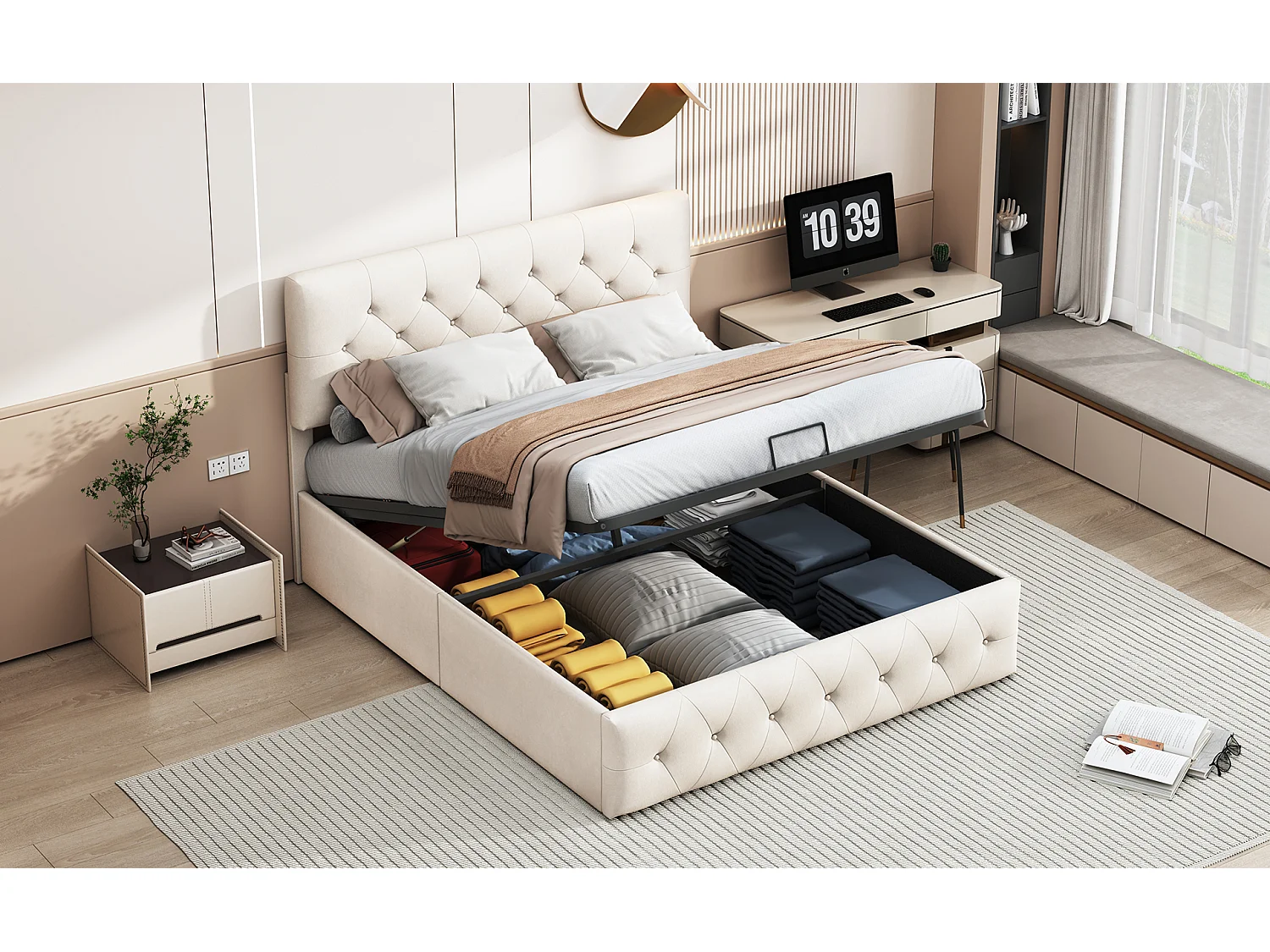 Cama de matrimonio 160x200 cm en terciopelo beige albaricoque con canapé abatible, cabecero y piecero tapizados, diseño cómodo y elegante.