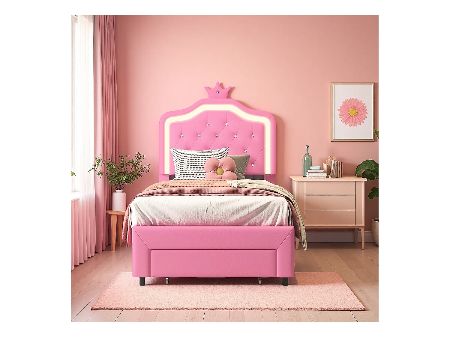 Cama infantil 90x200 cm acolchoada, cabeceira regulável, 2 gavetas, formato coroa com LED, estilo princesa, rosa (sem colchão)