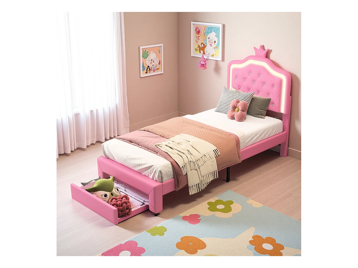 Cama infantil 90x200 cm acolchoada, cabeceira regulável, 2 gavetas, formato coroa com LED, estilo princesa, rosa (sem colchão)