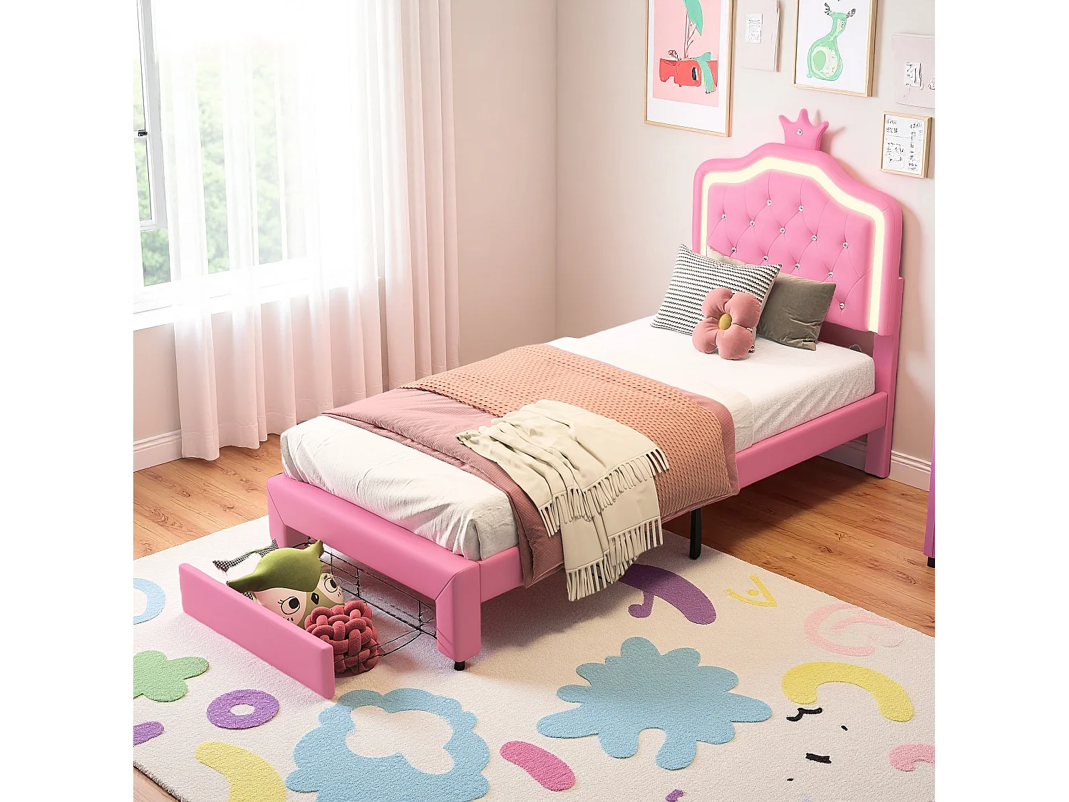 Lit enfant 90x200 cm rembourré, tête de lit réglable, 2 tiroirs, forme de couronne avec LED, style princesse, rose (sans matelas)