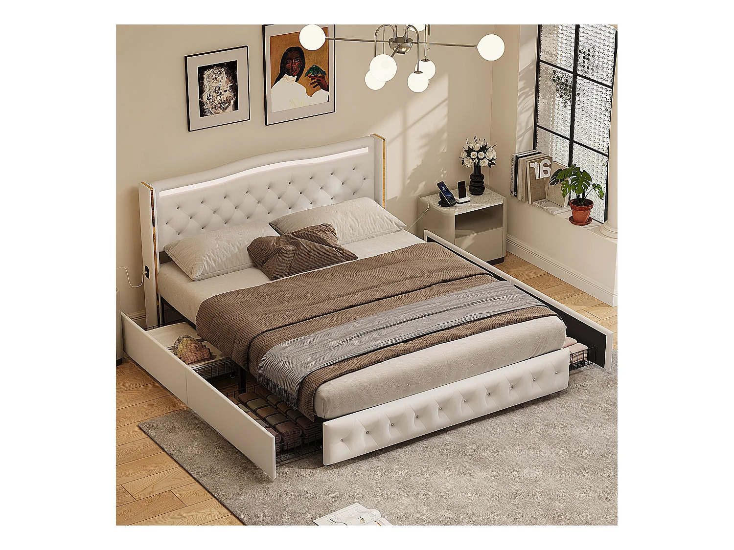 Lit 140x200cm avec Sommier LED et USB, Capitonné avec 4 Tiroirs, Cadre avec Sommier à Lattes, 2 Personnes, PU, Blanc