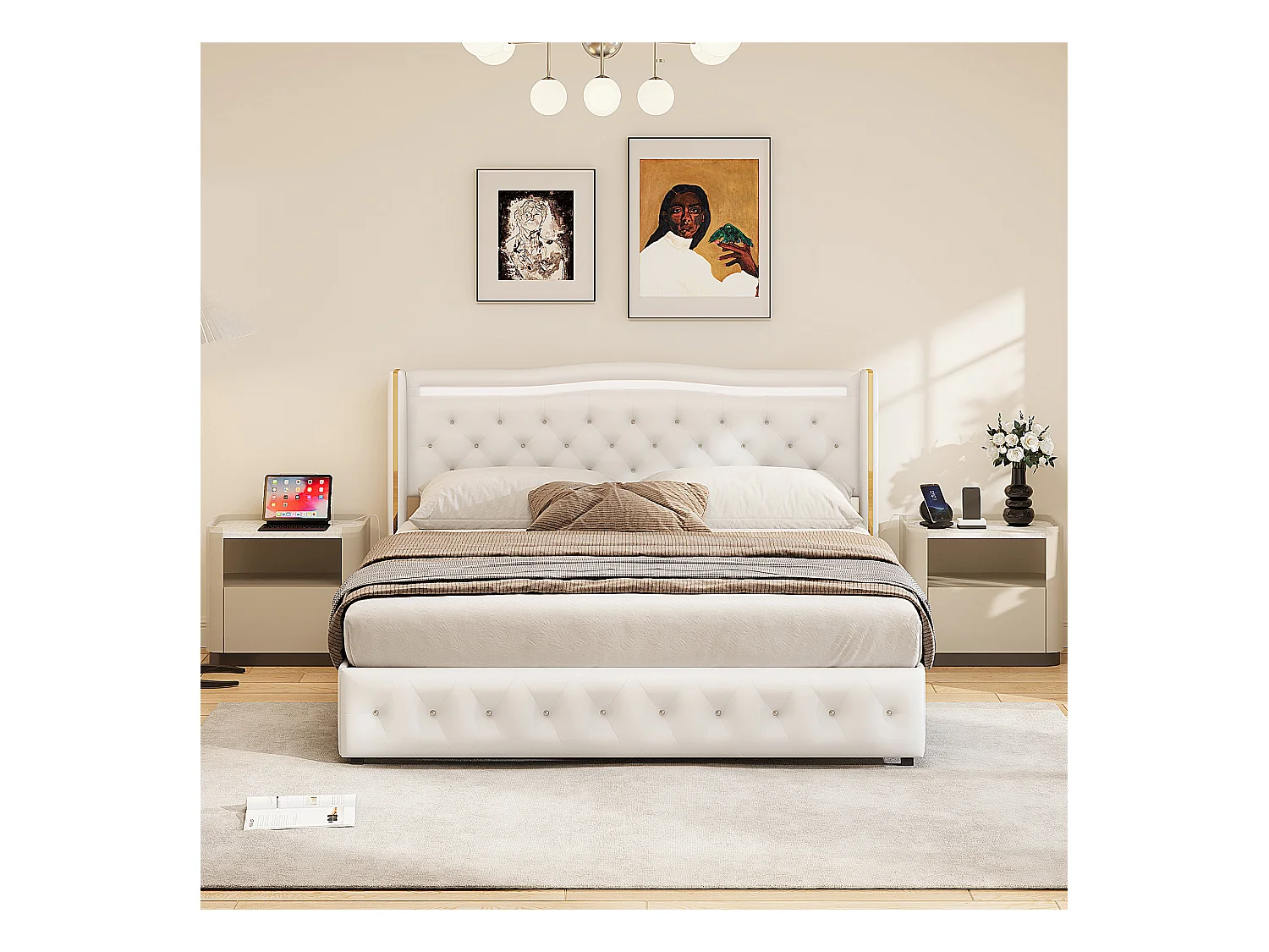 Lit 140x200cm avec Sommier LED et USB, Capitonné avec 4 Tiroirs, Cadre avec Sommier à Lattes, 2 Personnes, PU, Blanc