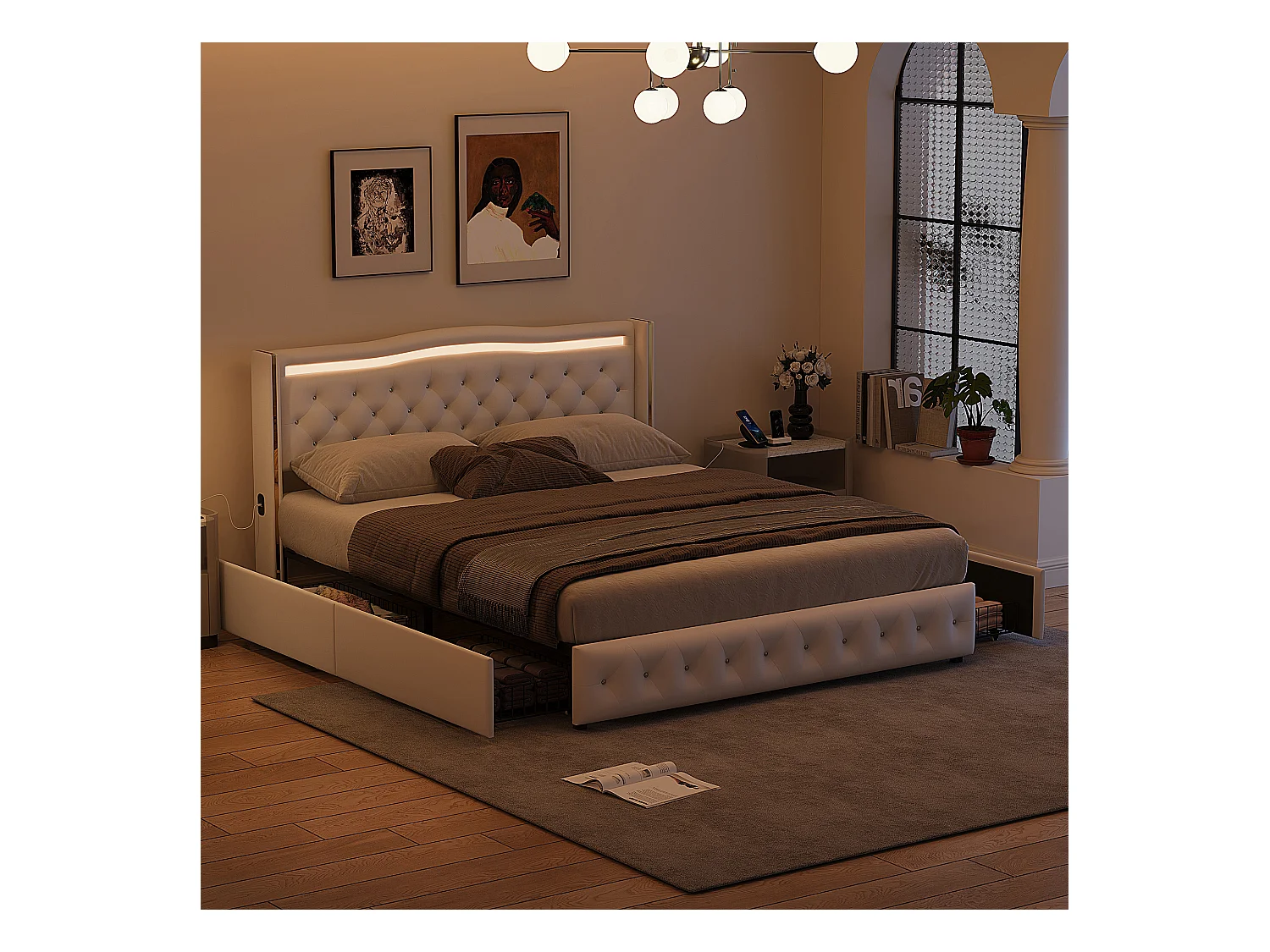 Lit 140x200cm avec Sommier LED et USB, Capitonné avec 4 Tiroirs, Cadre avec Sommier à Lattes, 2 Personnes, PU, Blanc