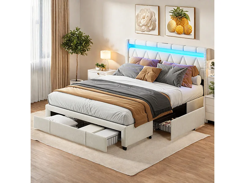 Cama 160x200 cm com cabeceira diamante, iluminação LED e portas USB, 4 gavetas metálicas, estofamento em linho bege, design moderno e prático