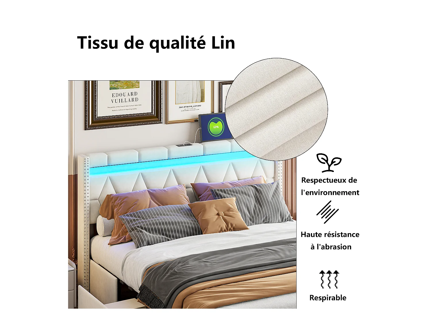 Letto 160x200 cm con testiera a rombi, illuminazione a LED e porte USB, 4 cassetti in metallo, rivestimento in lino beige, design moderno e pratico