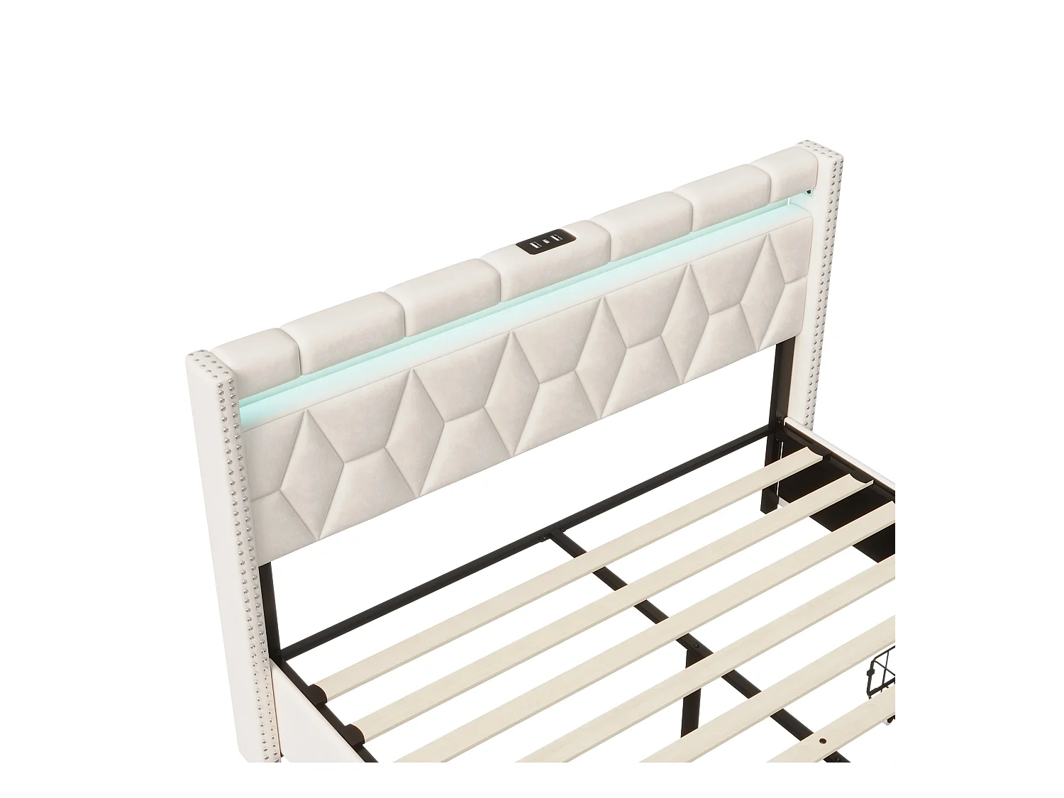 Letto 160x200 cm con testiera a rombi, illuminazione a LED e porte USB, 4 cassetti in metallo, rivestimento in lino beige, design moderno e pratico