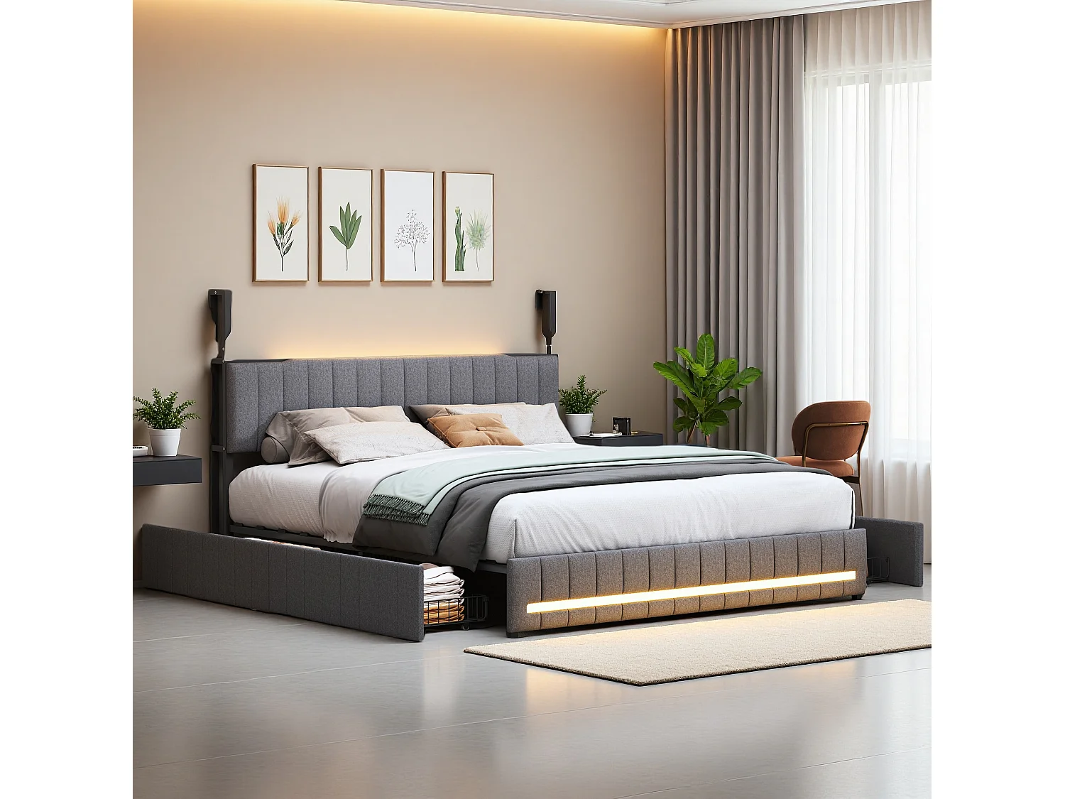 Cadre de lit double gris 140x190 cm, sommier à lattes, rembourré avec tête de lit rangement, 4 tiroirs intégrés et montage facile