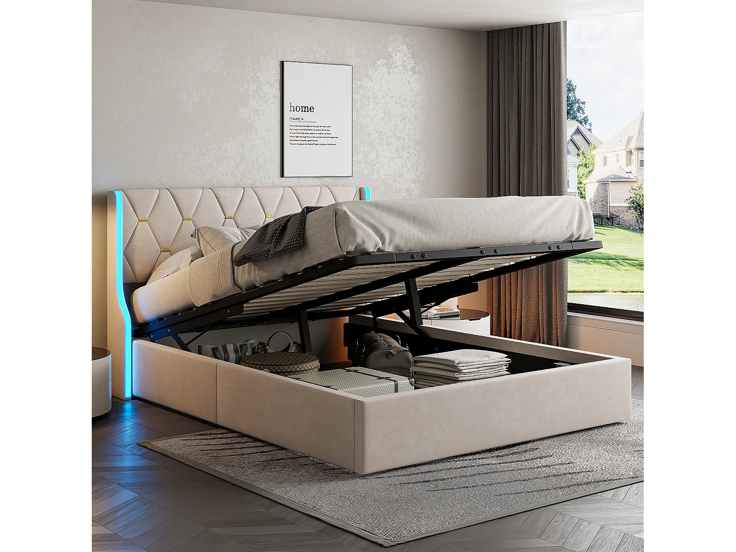 Cadre de lit double gris 140x190 cm, sommier à lattes, rembourré avec tête de lit rangement, 4 tiroirs intégrés et montage facile