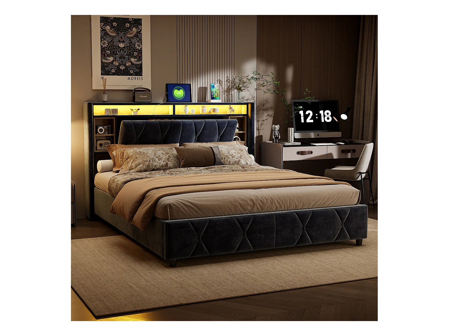 Lit coffre 160x200 cm en velours gris avec tête de lit LED 7 couleurs, prises intégrées (USB + Type-C + EU), rangements pratiques et vérins hydrauliques