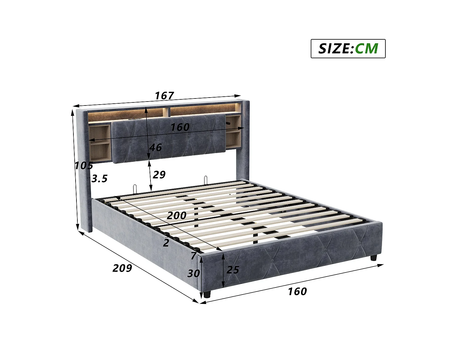 Lit coffre 160x200 cm en velours gris avec tête de lit LED 7 couleurs, prises intégrées (USB + Type-C + EU), rangements pratiques et vérins hydrauliques