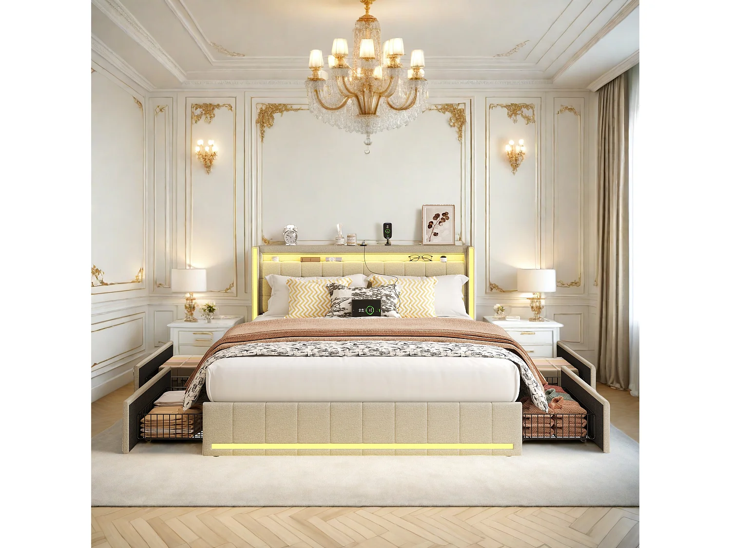 Lit double 160x200 cm en lin beige – Tête et pied de lit avec LED, 4 tiroirs métalliques, ports USB & Type-C