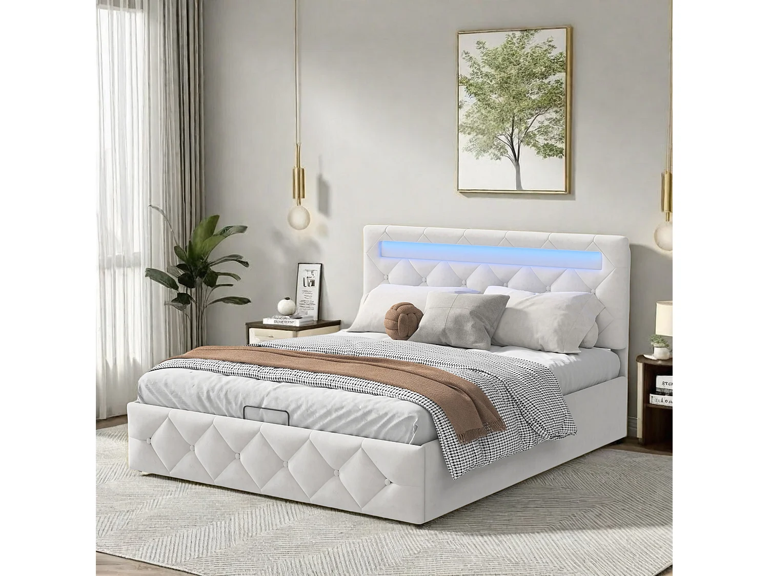 Opbergbed 160x200cm in abrikooskleurig fluweel met veelkleurige leds, verstelbaar hoofdeinde, EU-stekker en hydraulische opbergruimte