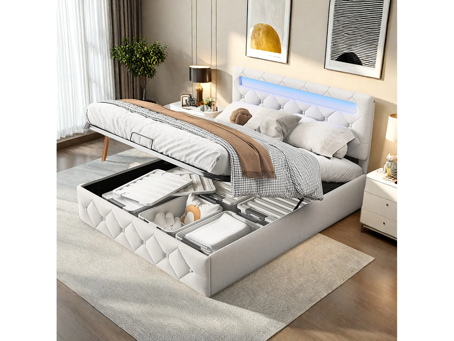 Opbergbed 160x200cm in abrikooskleurig fluweel met veelkleurige leds, verstelbaar hoofdeinde, EU-stekker en hydraulische opbergruimte