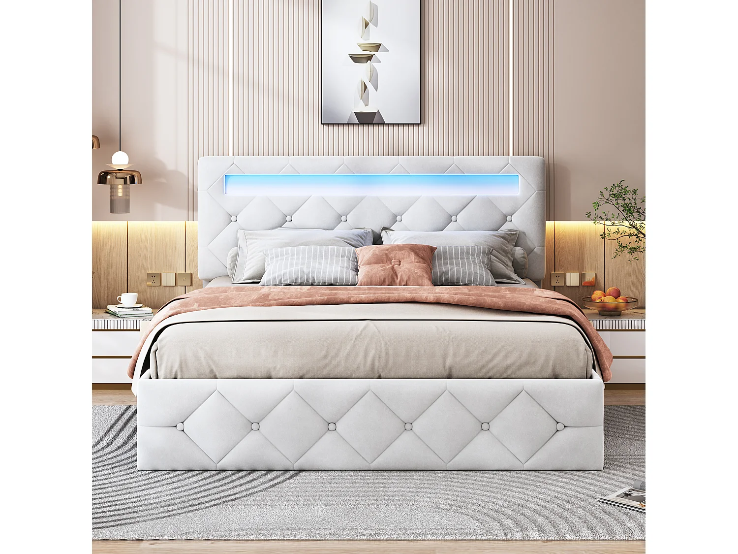 Opbergbed 160x200cm in abrikooskleurig fluweel met veelkleurige leds, verstelbaar hoofdeinde, EU-stekker en hydraulische opbergruimte