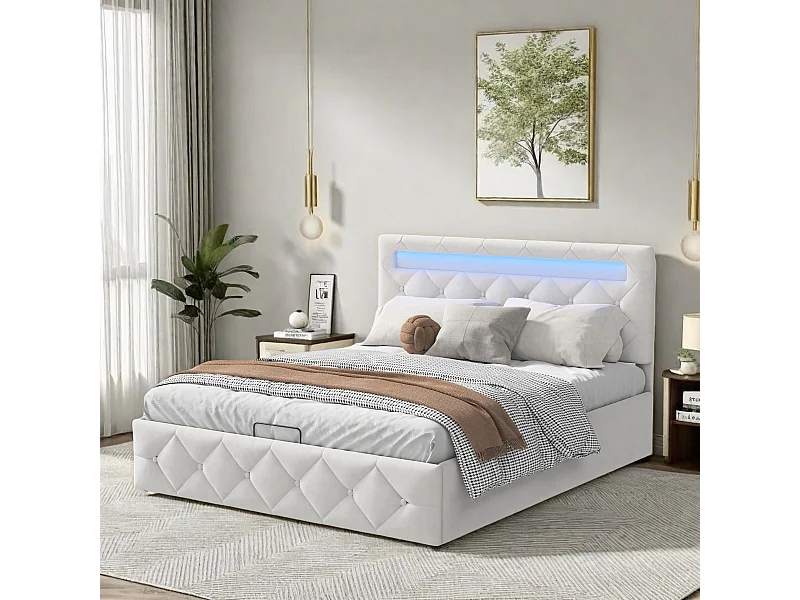 Opbergbed 160x200cm in abrikooskleurig fluweel met veelkleurige leds, verstelbaar hoofdeinde, EU-stekker en hydraulische opbergruimte